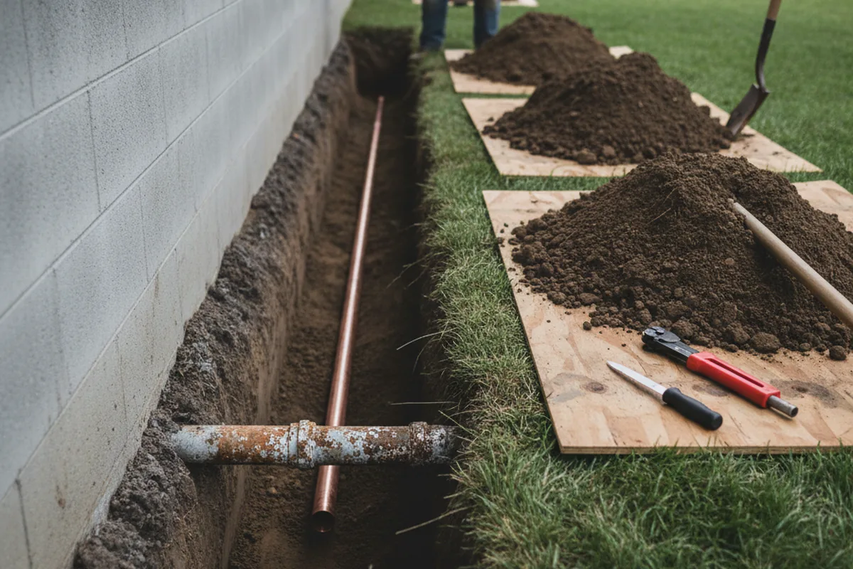Excavated water line trench during Sewer Line Repair in Fort Littleton